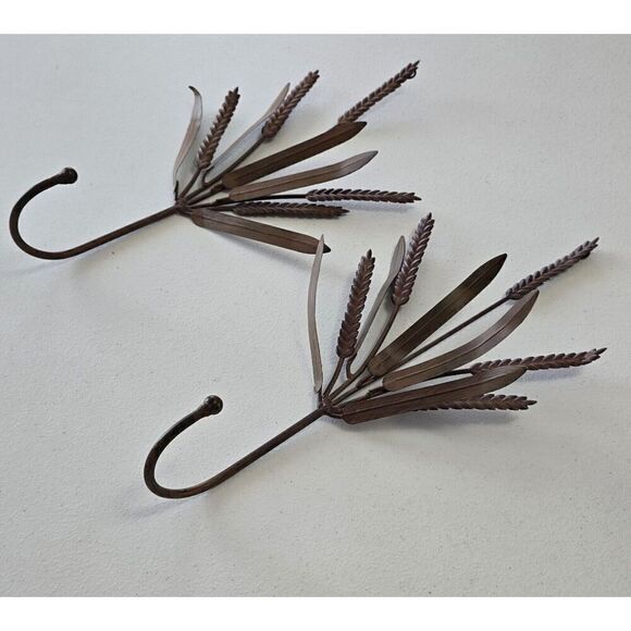 2 Metal Wheat Wall Hanging Hook Coat Hat Towel Rustic Farmhouse - Picture 2 of 6